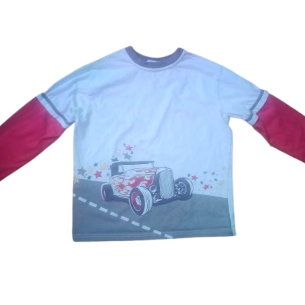 White, Red and Gray Long Sleeve Graphic Shirt with Car Boy Size 12